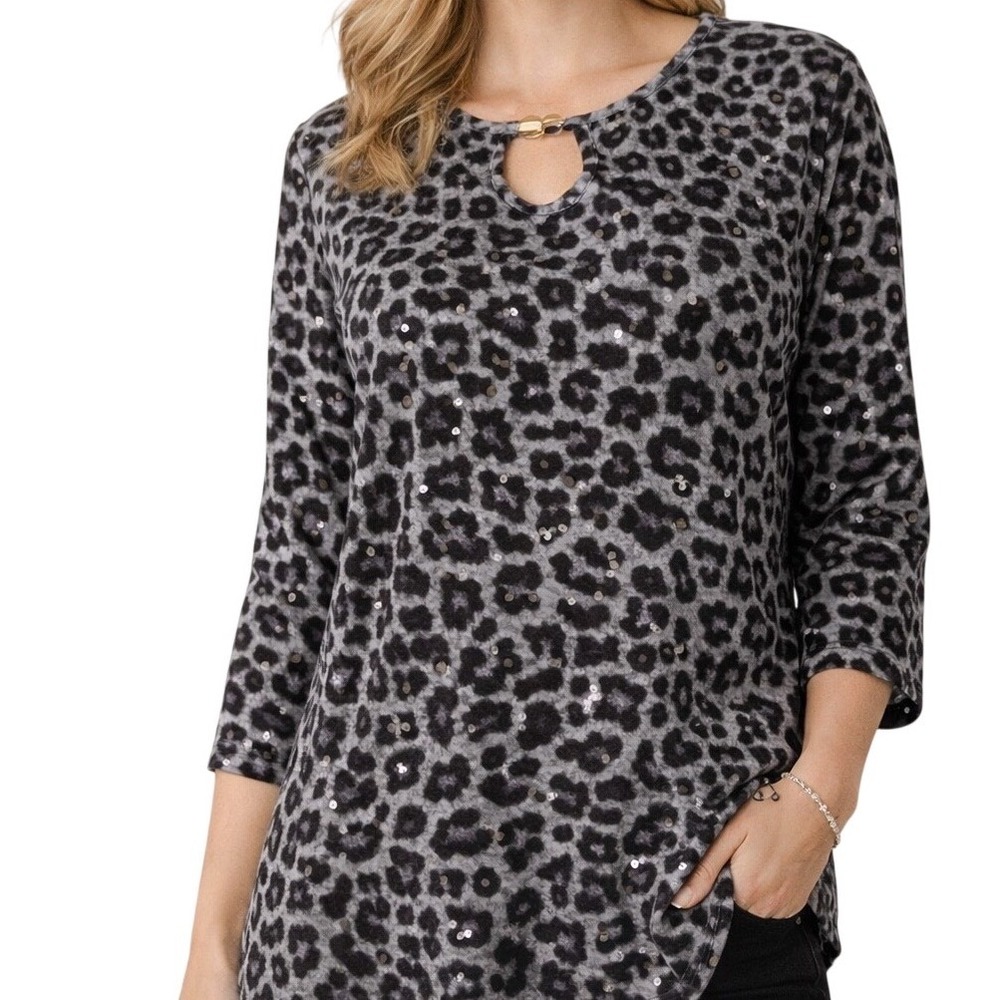 Cathy Daniels 2X‎ Leopard Print Top Faux Layered Tank Blouse Gray Black Sparkle